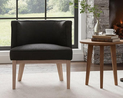 Comfy Barrel Chair Mid Century Modern Accent Chair with Solid Wood Leg Upholstered Reading Chairs Linen Fabric Waiting Room Round Side Chairs for Living Room Bedroom Office, Charcoal