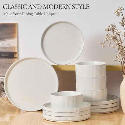 E-far 12-Piece Plates and Bowls Sets, Stoneware Dinnerware Dishes Sets for 4, Kitchen Modern Dining Dishware, Chip & Scratch Resistant, Microwave & Dishwasher Safe, Speckled White