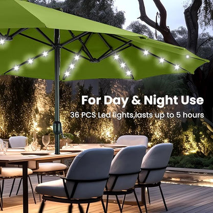 PHI VILLA 15 ft Patio Umbrella Outdoor Solar Lights with Base, Outdoor Double-Sided Large Market Rectangle Umbrellas with 36 LED Lights, Lime Green