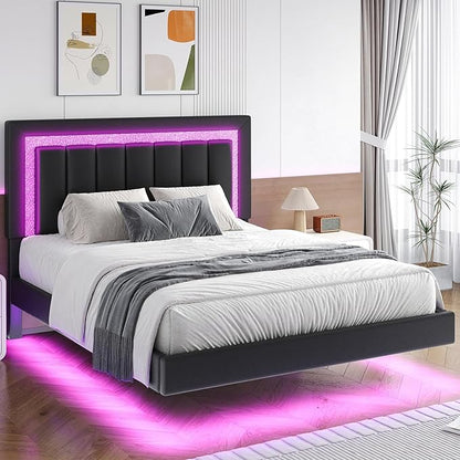 HOMBCK Floating Bed Frame Full with Smart LED Lights, Faux Leather Upholstered Bed Frame Full with Diamond Headboard, No Box Spring Needed, Noise Free, Easy Assembly, Black