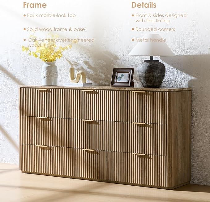 Fluted 9 Drawer Dresser for Bedroom, 63" Wide Modern Chest of Drawers with Faux Marble Top, Curved Corners, Wooden Dresser TV Stand with Organizer Storage for Living Room (Natural Oak, 63" W)