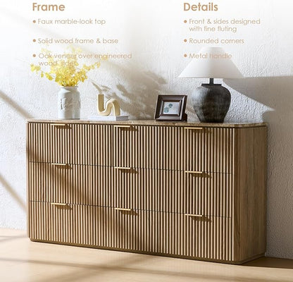 Fluted 9 Drawer Dresser for Bedroom, 63" Wide Modern Chest of Drawers with Faux Marble Top, Curved Corners, Wooden Dresser TV Stand with Organizer Storage for Living Room (Natural Oak, 63" W)