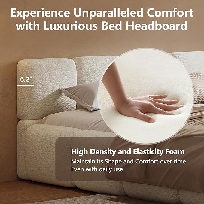 Christopher Knight Home Hazel Queen Size Platform Bed, Boucle Thick Headboard and Footboard, Upholstery Grounded Beds, Block Style, Wood Slat Panel Support, No Spring Box Needed, Easy Assembly, White