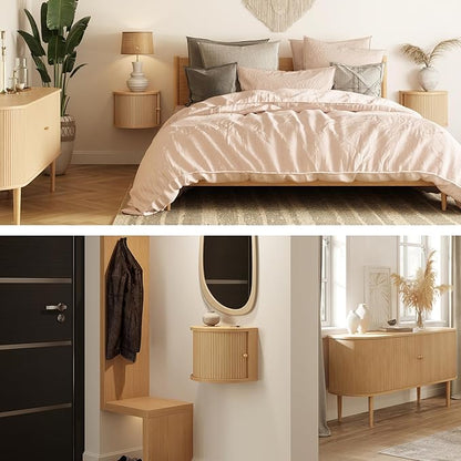 WERMO 16'' Floating Nightstand Shelf with a Sliding Door and Storage - Floating Bedside Shelf Wall Mount, Wall Mounted Wood Nightstand, Mid Century Modern End Table (Oak)