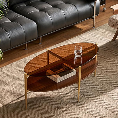 Saint Mossi Olive Glass Coffee Table for Living Room, Mid Century Modern Center Table, Surfboard Brown Glass & Coffee Brown MDF Bottom Shelf, L41xW21xH17, Gold Table Legs