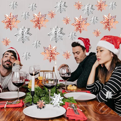 OuMuaMua Winter Christmas Snowflake Decorations Indoor, 24PCS 3D Silver Rose Gold Snowflakes Christmas Hanging Ornaments for Home Xmas Christmas Holiday Winter Wonderland New Year Party Decor Supplies