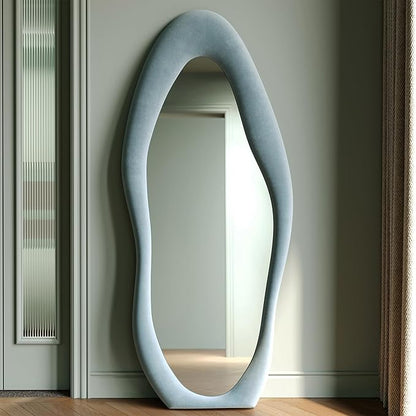 Honyee Full Length Mirror, 63" x 24" Wall Mirror, Flannel Wrapped Wooden Frame Full Body Mirror, Irregular Wavy Mirror Hanging or Leaning Against Wall for Cloakroom/Bedroom/Living Room, Blue