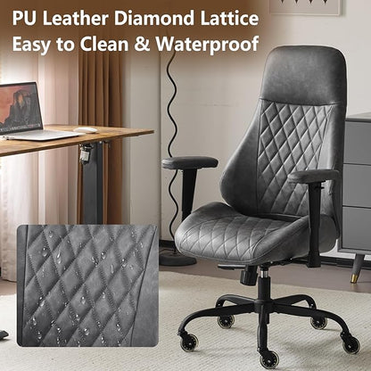 YFO Home Office Chair High Back Office Rubber Chair Casters Ergonomic Computer Chair with Lumbar Support Adjustable Height Rolling Swivel Chair Executive Task Armrests, Grey Leather