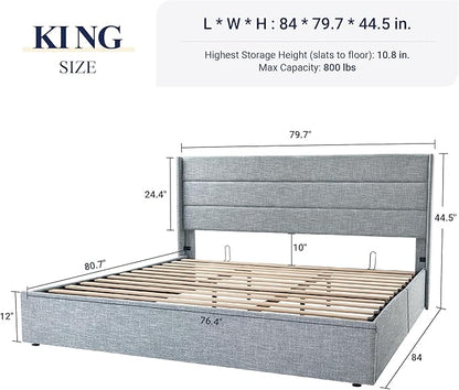 Allewie King Size Lift Up Storage Bed, Modern Wingback Headboard, Hydraulic Support, No Box Spring Needed, Grey Blue