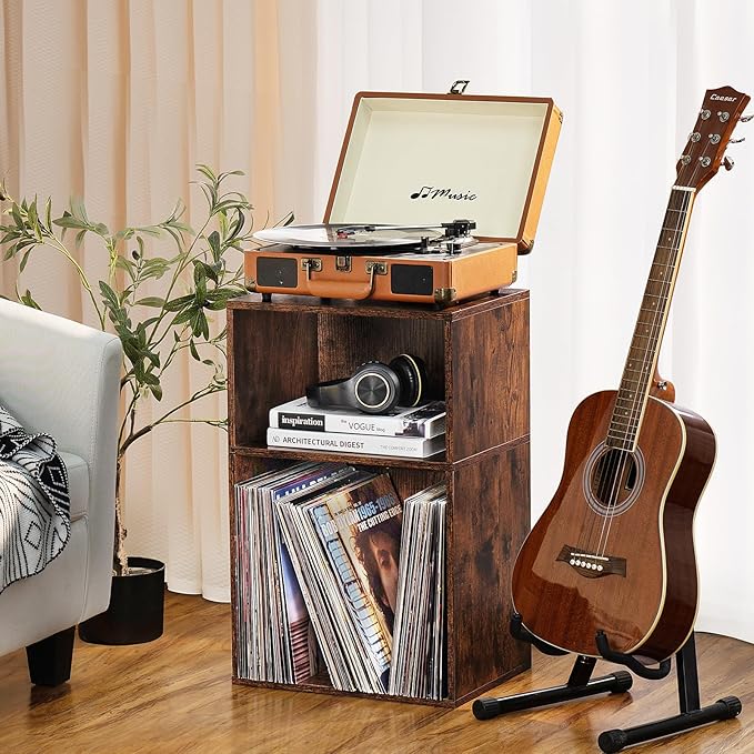 LEYAOYAO 2 Cube Bookshelf,Brown Record Player Stand Holds up to 100 Albums, Mini Wood Book Shelf Storage Organizer,Turntable Stand with Vinyl Storage Cabinet, Narrow Open Bookcase for Small Spaces