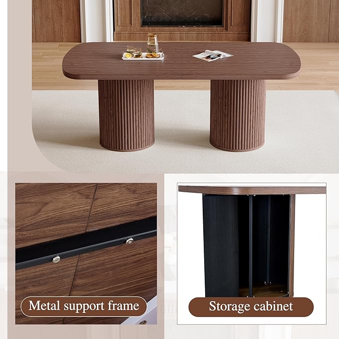 78.7" Extra Long Dining Table for 6-10 People, Farmhouse Kitchen Table with Cylindrical Fluted Bases, Rectangular Dining Table for Dining Room, Kitchen, Living Room, Walnut