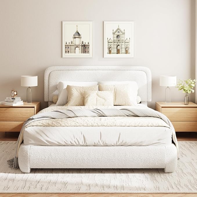 Queen Size Boucle Bed Frame, Cloud Upholstered Platform Bed with Height Adjustable Headboard & Soft Rounded Corners, No Box Spring Needed, Noise Free, Easy Assembly, White