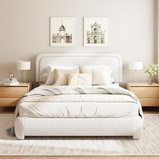 Queen Size Boucle Bed Frame, Cloud Upholstered Platform Bed with Height Adjustable Headboard & Soft Rounded Corners, No Box Spring Needed, Noise Free, Easy Assembly, White