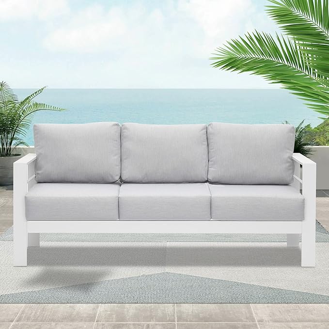 Wisteria Lane Patio Furniture Aluminum Chair, All-Weather 3 Seats Outdoor Chair, White Metal Chair with Light Grey Cushions