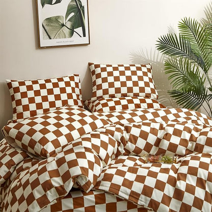 Pureant Pumpkin White Plaid Comforter Set Queen Brown and White Checkered Bedding Comforter Soft Women Girls Brown Checkerboard Grid Quilts Queen Size Boho Pumpkin Buffalo Plaid Comforter Geomertic