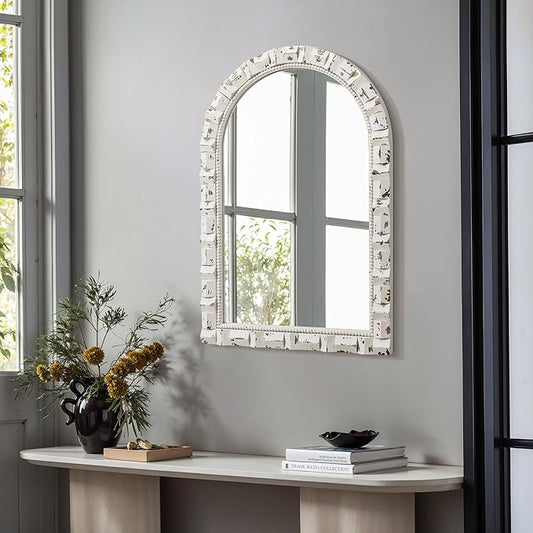 LuxenHome Distressed Arched Wall Mirror for Bathroom, 24"x36" Large Wood Framed Wall Mounted Decorative Vanity Mirror for Living Room Bedroom Decor, Hanging Sculptures Accent for Entryway Home Decor