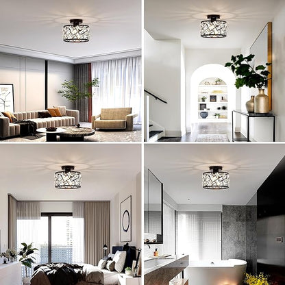 Crystal Ceiling Light Fixture, Modern Semi Flush Mount Ceiling Light,Crystal for Kitchen Bedroom Bathroom Entryway, Black Finish