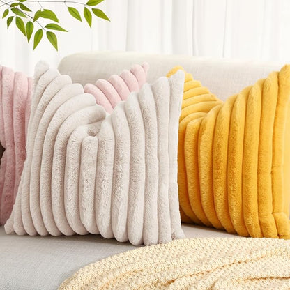decorUhome Faux Fur Throw Pillow Covers 22x22 Set of 2, Decorative Soft Plush Striped Neutral Euro Pillow Covers with Velvet Back for Bed, Living Room Home Decor, Beige