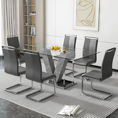 71 Inch Glass Dining Table Set for 6, Kitchen Table and 6 PU Leather Chairs, Dining Table Set Ideal for Living Room