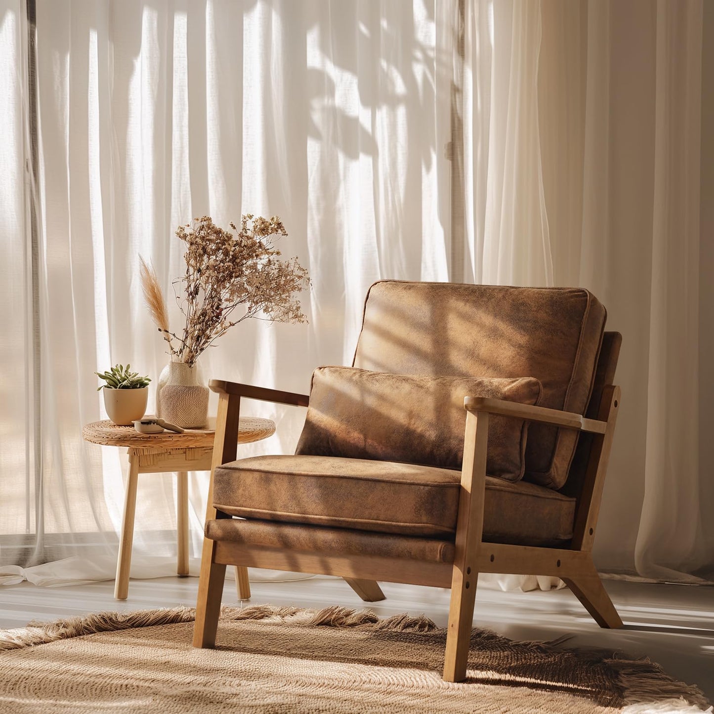 VINGLI Solid Wood Wide Armrests Accent Chair,Upholstered Mid Century Modern Chair with Pillow,Comfy Reading Chair Farmhouse Arm Chair,Chairs Living Room,Bedroom,Guest Room,Teddy Fleece,Khaki