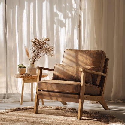 VINGLI Solid Wood Wide Armrests Accent Chair,Upholstered Mid Century Modern Chair with Pillow,Comfy Reading Chair Farmhouse Arm Chair,Chairs Living Room,Bedroom,Guest Room,Teddy Fleece,Khaki