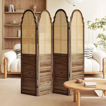 4 Panels Room Divider Wall, Rustic Rattan Room Divider, Wood Folding Privacy Screen, Foldable Wood Divider Wall, Portable Partition Screen, Wall Divider for Room Separation (Brown)