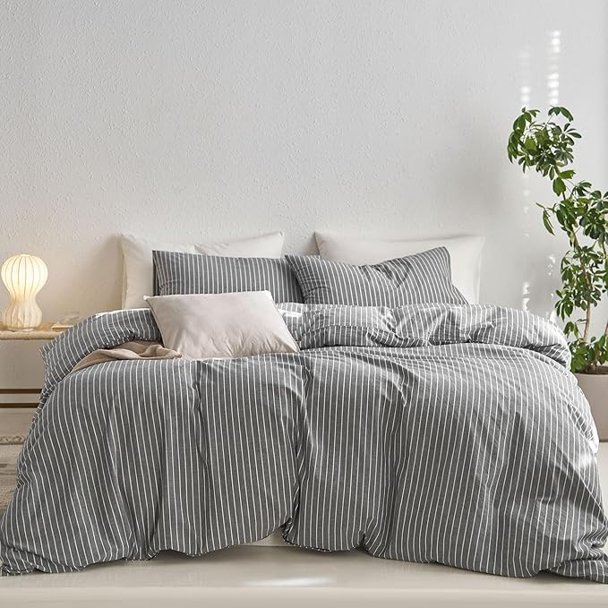 MooMee Striped Duvet Cover Set 100% Washed Cotton Linen Like Textured Breathable Durable Soft Comfy (Dark Grey White Wide Stripes, Oversized King Plus 128"x120")