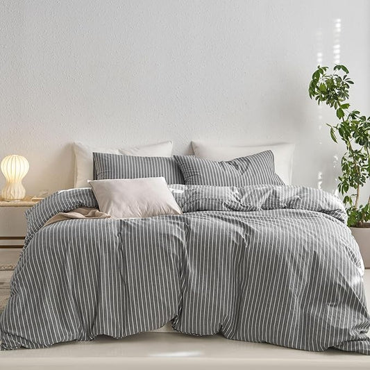 MooMee Striped Duvet Cover Set 100% Washed Cotton Linen Like Textured Breathable Durable Soft Comfy (Dark Grey White Wide Stripes, Cal King 104"x98")