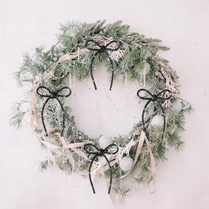 FLAIR GIFTS 6 Pcs 4.3" x 6" 2025 Christmas Bows for Tree Decor, Black Sparkly Glitter Rhinestone Bow Ornaments with Twist Tie for Xmas Decoration, Wreath, Garland, Gift Wrapping