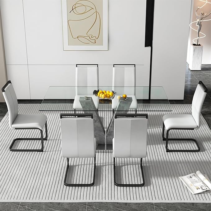 71" Glass Dining Table Set for 6, Kitchen Table and 6 PU Leather Chairs, Dining Table Set Ideal for Living Room