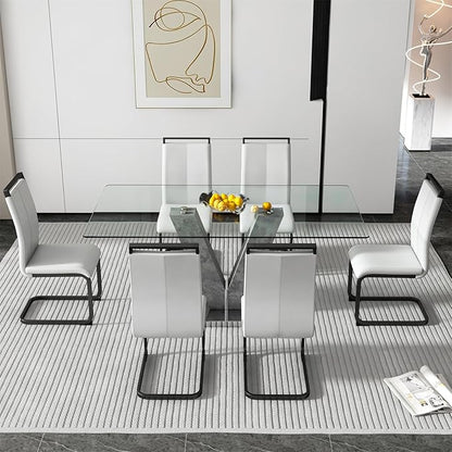 71" Glass Dining Table Set for 6, Kitchen Table and 6 PU Leather Chairs, Dining Table Set Ideal for Living Room