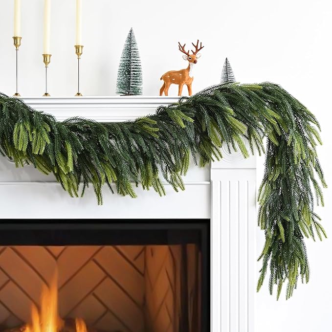 Sherika 2Pcs 9 FT Artificial Norfolk Pine Garlands，Real-Life Touch Chirsmas Garland，Gradient Greenery Garland for Indoor Outdoor Decor Chrismas Decoration Table Wall Wreath DIY (2，9Ft)