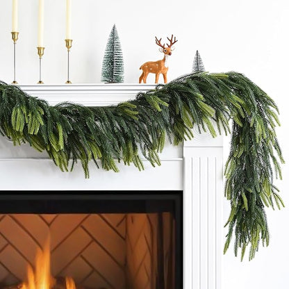 Sherika 2Pcs 9 FT Artificial Norfolk Pine Garlands，Real-Life Touch Chirsmas Garland，Gradient Greenery Garland for Indoor Outdoor Decor Chrismas Decoration Table Wall Wreath DIY (2，9Ft)