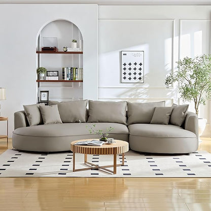 WILLIAMSPACE 124.8" Leather Curved Sofa Couch, Modern Upholstery Luxury Sofa with Pillows, Left Hand Facing Sectional Couch for Living Room (Right-Facing,Light Grey Leather)