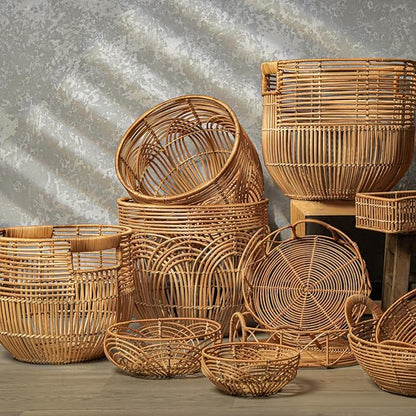 Set Of 2 Large Woven Blanket Baskets | Round Wicker Rattan Storage Floor Baskets for Shoe In Living Room | Extra Big Boho Rattan Laundry For Pillow, Blanket, Clothes