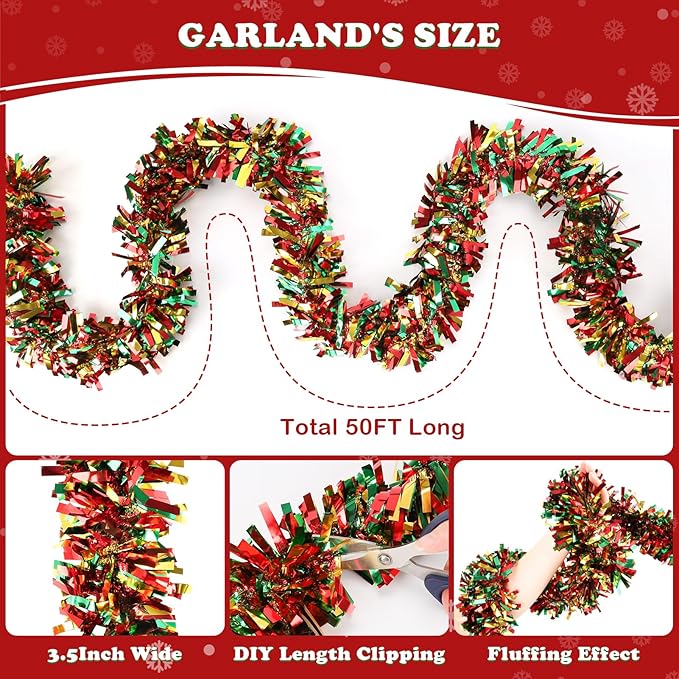 50FT Christmas Tinsel Garland, Red Green&Gold Metallic Twist Shiny Hanging Garland Ornaments for Christmas Tree, Party Supplies Thick Metallic Xmas Streamers