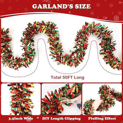 50FT Christmas Tinsel Garland, Red Green&Gold Metallic Twist Shiny Hanging Garland Ornaments for Christmas Tree, Party Supplies Thick Metallic Xmas Streamers