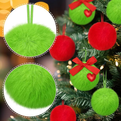12 Pcs Lime Green and Red Furry Christmas Ball Ornaments Christmas Tree Decorations Pom Pom Ball Ornaments for Christmas Decorations Fireplace Mantel Wall Decor