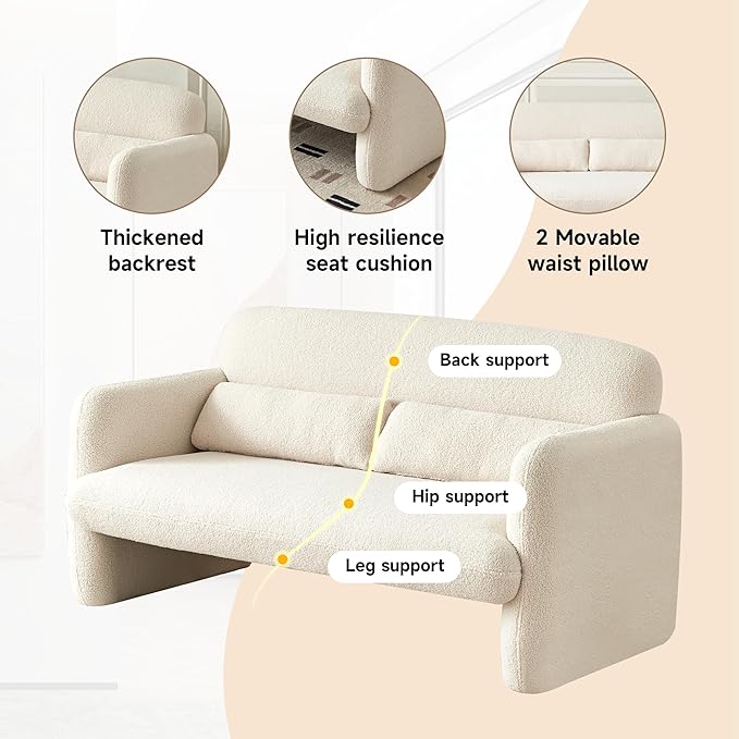 59.06'' Loveseat Sofa, 2 Seater Sherpa Fabric Love Seat Couch, Comfy Upholstered Modern Leisure Loveseat Couches with 2 Waist Pillow for Bedroom, Office, Living Room