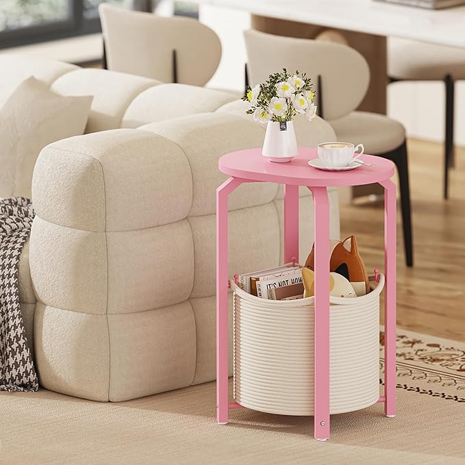 TUTOTAK Small Side Table, Oval End Table, Night Stand, Bedside Table, Sofa Table with Storage Basket, Living Room, Bed Room, Pink TB01BP093