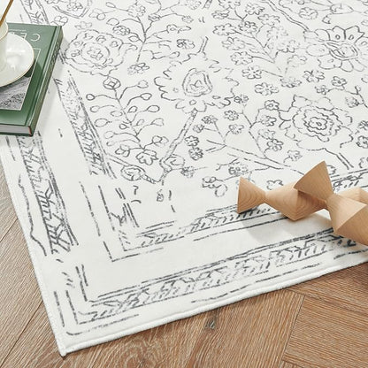 jinchan Vintage Floral Washable Runner Rug 2x6 Non-Slip Faux Wool Carpet, Grey