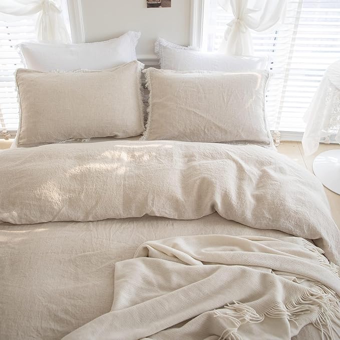 Simple&Opulence 100% Linen Boho Duvet Cover,2pcs Bohemian Textured Collection Bedding Set for All Seasons,French Country Comforter Cover Set with Pillow Shams(Twin, Tassel-Linen)