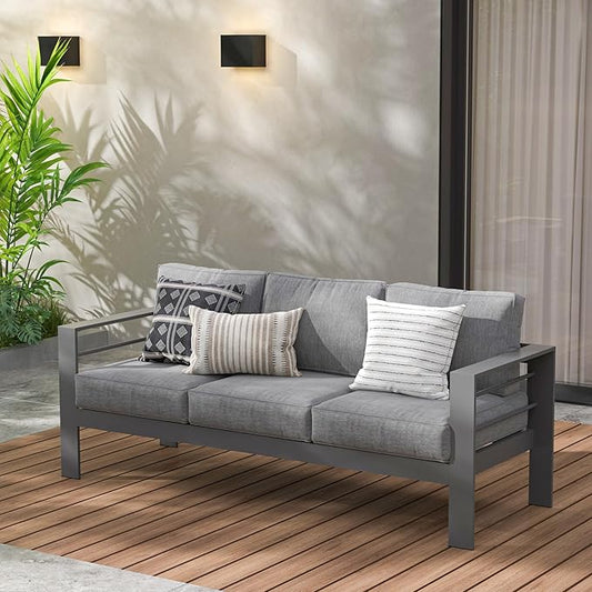 Wisteria Lane Patio Furniture Aluminum Outdoor Chair, All-Weather Outdoor 3 Seats Chair, Gray Metal Chair with Dark Grey Cushions