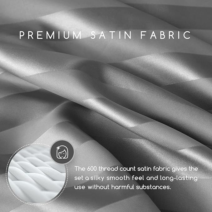 MR&HM Satin Bed Sheets, King Size Sheets Set, 4 Pcs Silky Bedding Set with 15 Inches Deep Pocket for Mattress (King, Dark Grey Striped)