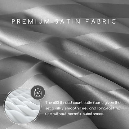 MR&HM Satin Bed Sheets, King Size Sheets Set, 4 Pcs Silky Bedding Set with 15 Inches Deep Pocket for Mattress (King, Dark Grey Striped)