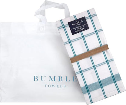 Premium Kitchen Towels 6 Pack Large Cotton Flat Terry Absorbent Tea Towels with Hanging Loop Teal Check 20x28