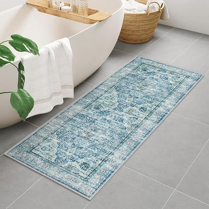 Uphome Bathroom Runner Rug, Distressed Tribal Farmhouse Light Blue Bathroom Mat, Long Bathroom Rugs Non Slip Washable, Oriental Retro Boho Bath Mat Runner for Bathtub Sink Hallway, 24x59 inch