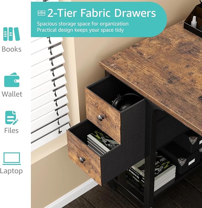 Lufeiya Computer Desk with Fabric Drawers, 47 Inch Desk for Small Space Home Office, Modern Simple Study Writing Table PC Desks for Bedroom, Rustic Brown