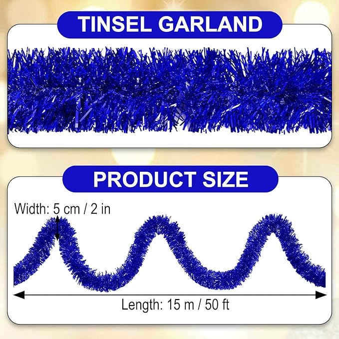 50 Feet Blue Christmas Tinsel Garland, Metallic Foil Twist Garland Wall Hanging Tinsel Banner Backdrop for Parade Floats, Easter, Mother's Day, Wedding Party Decorations (2in x 50ft)