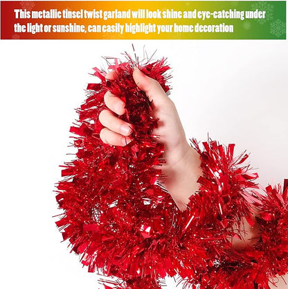 CANREVEL 4 Pieces 26.2 Ft Christmas Garland Metallic Shiny Twist Tinsel Garland Hanging Decorations for Christmas Tree, Mantle, Stairs Railing Decorations - Red